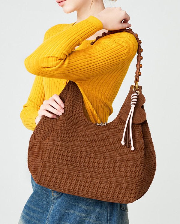 Vintage Brown Tasseled Nail Bead Cotton Shoulder Bags