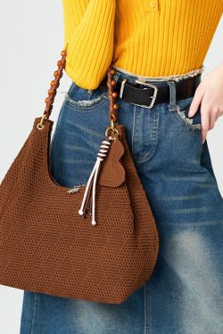 Vintage Brown Tasseled Nail Bead Cotton Shoulder Bags