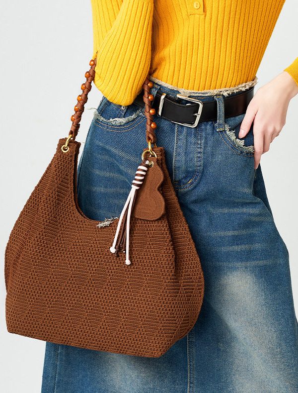 Vintage Brown Tasseled Nail Bead Cotton Shoulder Bags