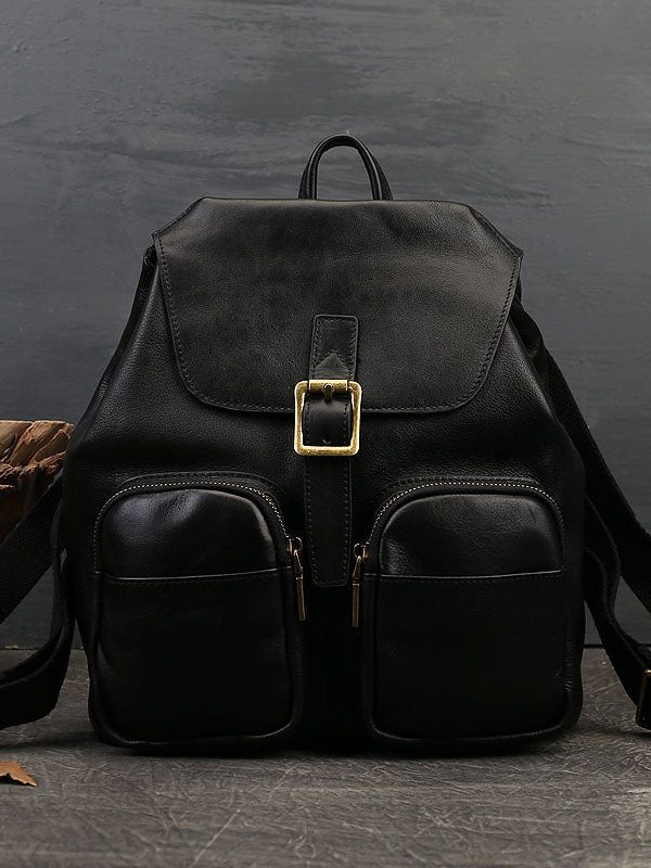 Vintage Chocolate Solid Pockets Calf Leather Backpack Bag