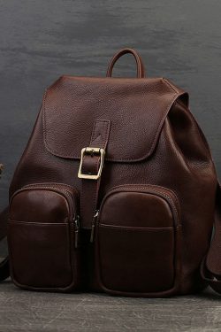 Vintage Chocolate Solid Pockets Calf Leather Backpack Bag