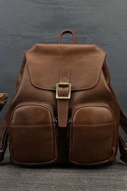 Vintage Chocolate Solid Pockets Calf Leather Backpack Bag