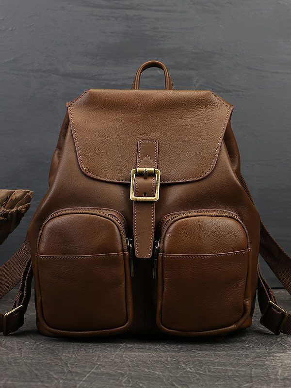 Vintage Chocolate Solid Pockets Calf Leather Backpack Bag