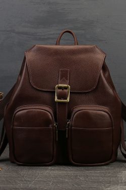 Vintage Chocolate Solid Pockets Calf Leather Backpack Bag