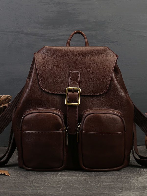 Vintage Chocolate Solid Pockets Calf Leather Backpack Bag