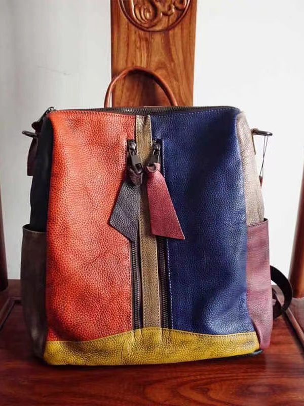 Vintage Colorblock Patchwork Calf Leather Backpack