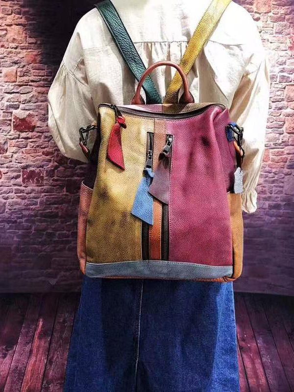 Vintage Colorblock Patchwork Calf Leather Backpack