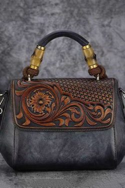 Vintage Cowhide Handmade Embossing Tote Handbag