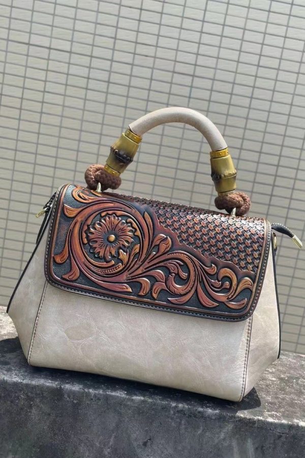Vintage Cowhide Handmade Embossing Tote Handbag