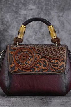 Vintage Cowhide Handmade Embossing Tote Handbag