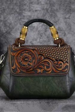 Vintage Cowhide Handmade Embossing Tote Handbag