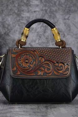 Vintage Cowhide Handmade Embossing Tote Handbag