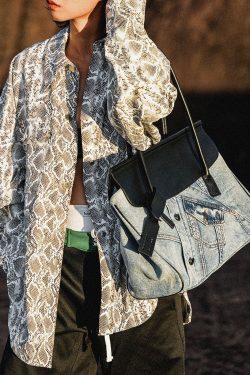 Vintage Denim Blue Patchwork Leather Large Capacity Shoulder Bags