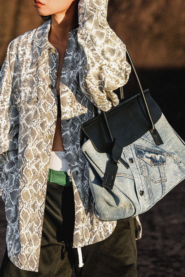 Vintage Denim Blue Patchwork Leather Large Capacity Shoulder Bags