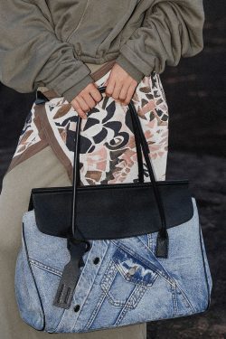 Vintage Denim Blue Patchwork Leather Large Capacity Shoulder Bags