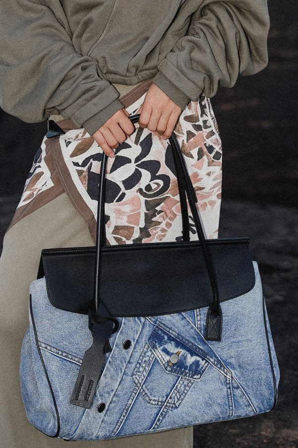 Vintage Denim Blue Patchwork Leather Large Capacity Shoulder Bags