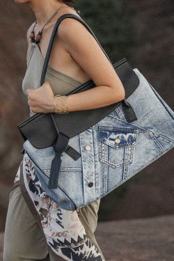 Vintage Denim Blue Patchwork Leather Large Capacity Shoulder Bags