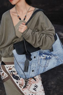 Vintage Denim Blue Patchwork Leather Large Capacity Shoulder Bags