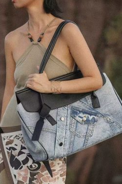 Vintage Denim Blue Patchwork Leather Large Capacity Shoulder Bags