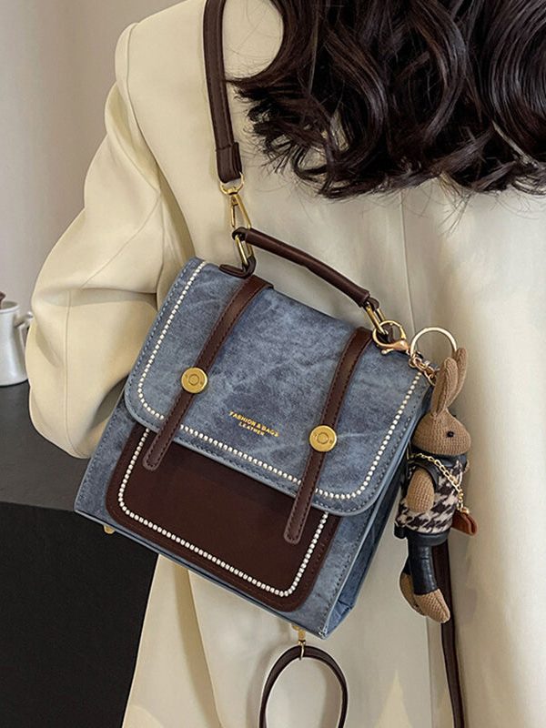 Vintage Denim Blue Patchwork Zircon Messenger Bag