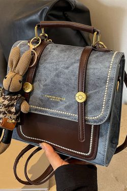 Vintage Denim Blue Patchwork Zircon Messenger Bag