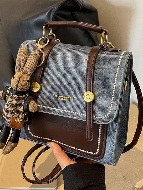 Vintage Denim Blue Patchwork Zircon Messenger Bag