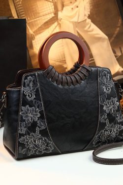 Vintage Embroidery Zircon Faux Leather Tote Handbag