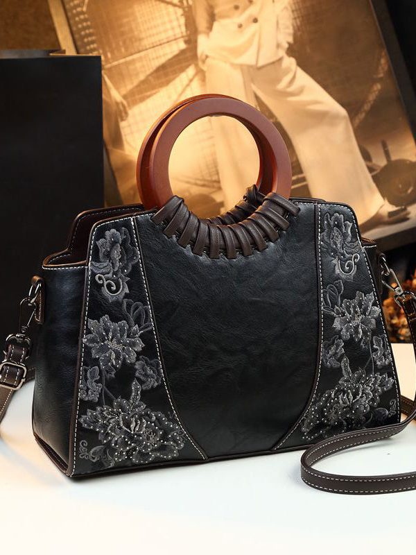 Vintage Embroidery Zircon Faux Leather Tote Handbag