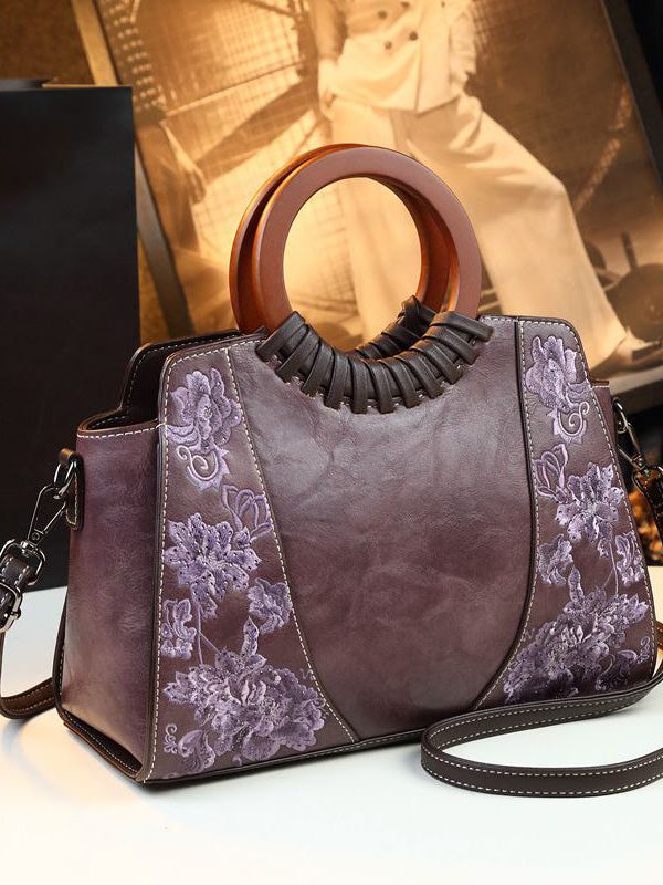 Vintage Embroidery Zircon Faux Leather Tote Handbag