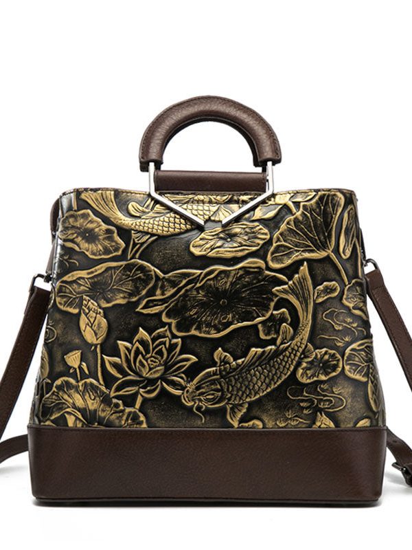 Vintage Golden Jacquard Splicing Calf Leather