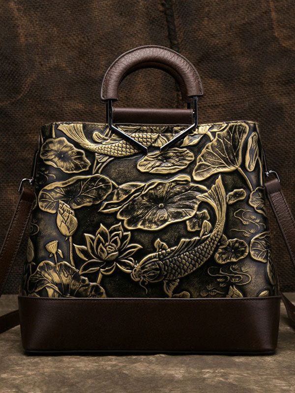 Vintage Golden Jacquard Splicing Calf Leather