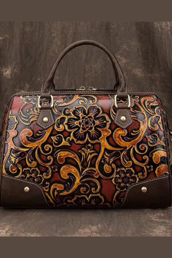 Vintage Green Embossing Paitings Calf Leather Tote Handbag