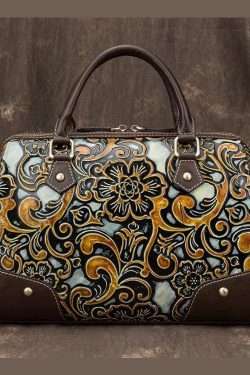 Vintage Green Embossing Paitings Calf Leather Tote Handbag