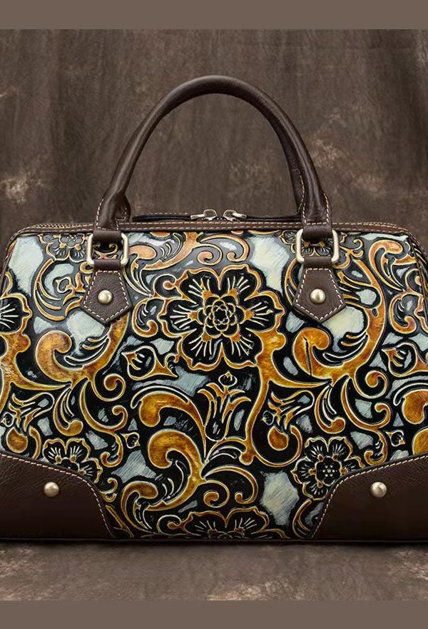 Vintage Green Embossing Paitings Calf Leather Tote Handbag