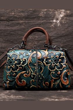 Vintage Green Embossing Paitings Calf Leather Tote Handbag