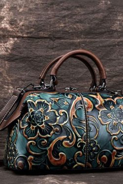 Vintage Green Embossing Paitings Calf Leather Tote Handbag