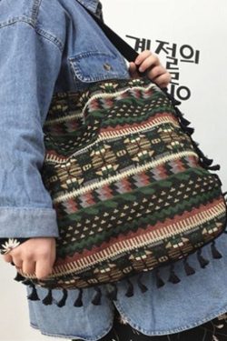 Vintage Green Jacquard Tassel Cotton Satchel Handbag