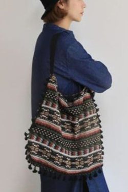 Vintage Green Jacquard Tassel Cotton Satchel Handbag