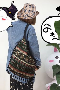 Vintage Green Jacquard Tassel Cotton Satchel Handbag