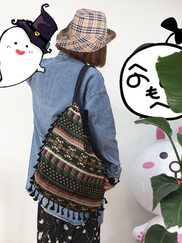 Vintage Green Jacquard Tassel Cotton Satchel Handbag