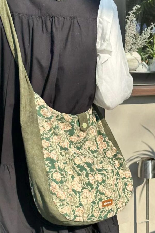 Vintage Green Print Patchwork Velour Satchel Handbag