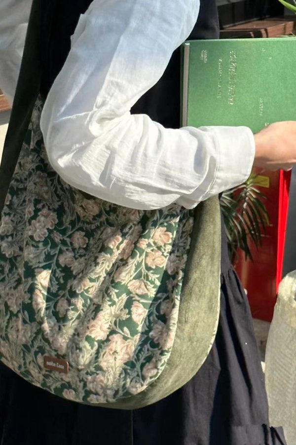 Vintage Green Print Patchwork Velour Satchel Handbag