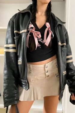 Vintage Grunge Biker Zip-Up Faux Leather Jacket