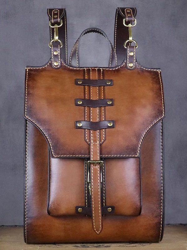 Vintage Khaki High-capacity Calf Leather Backpack Bag