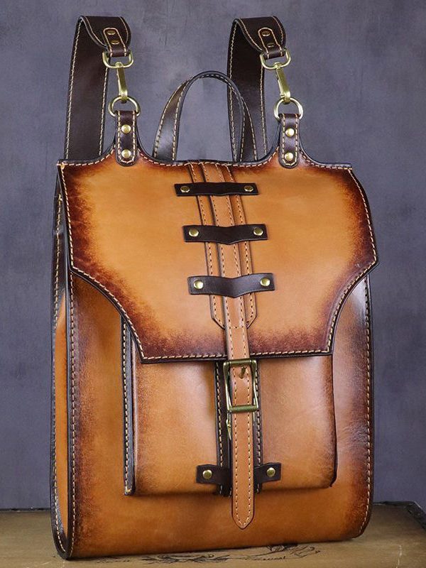 Vintage Khaki High-capacity Calf Leather Backpack Bag