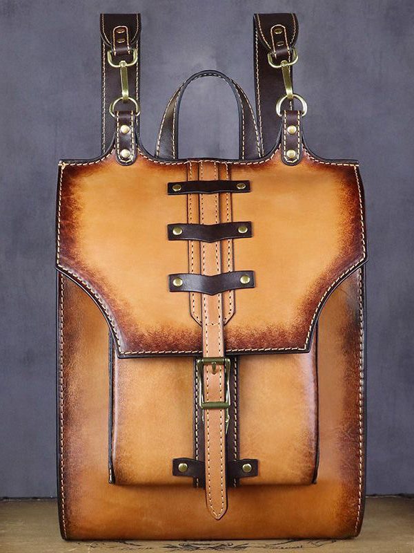 Vintage Khaki High-capacity Calf Leather Backpack Bag