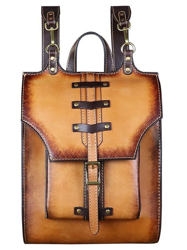 Vintage Khaki High-capacity Calf Leather Backpack Bag