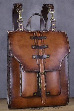 Vintage Khaki High-capacity Calf Leather Backpack Bag