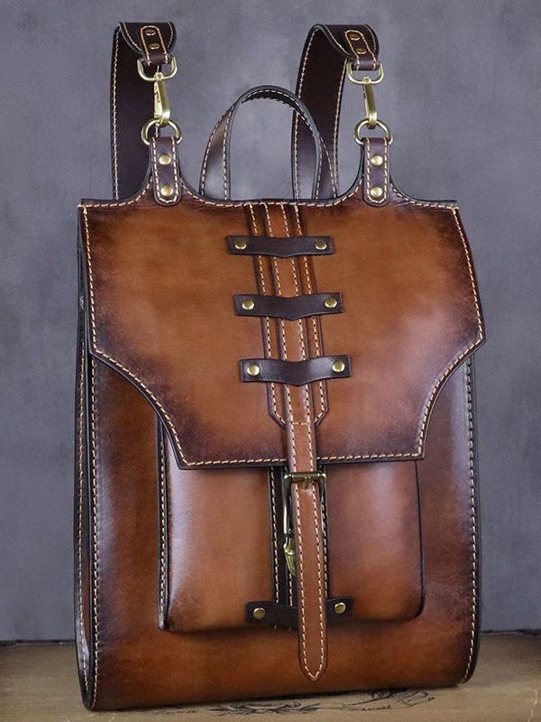 Vintage Khaki High-capacity Calf Leather Backpack Bag