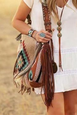 Vintage Khaki Tassel Geometric Embroidery Linen Satchel Handbag